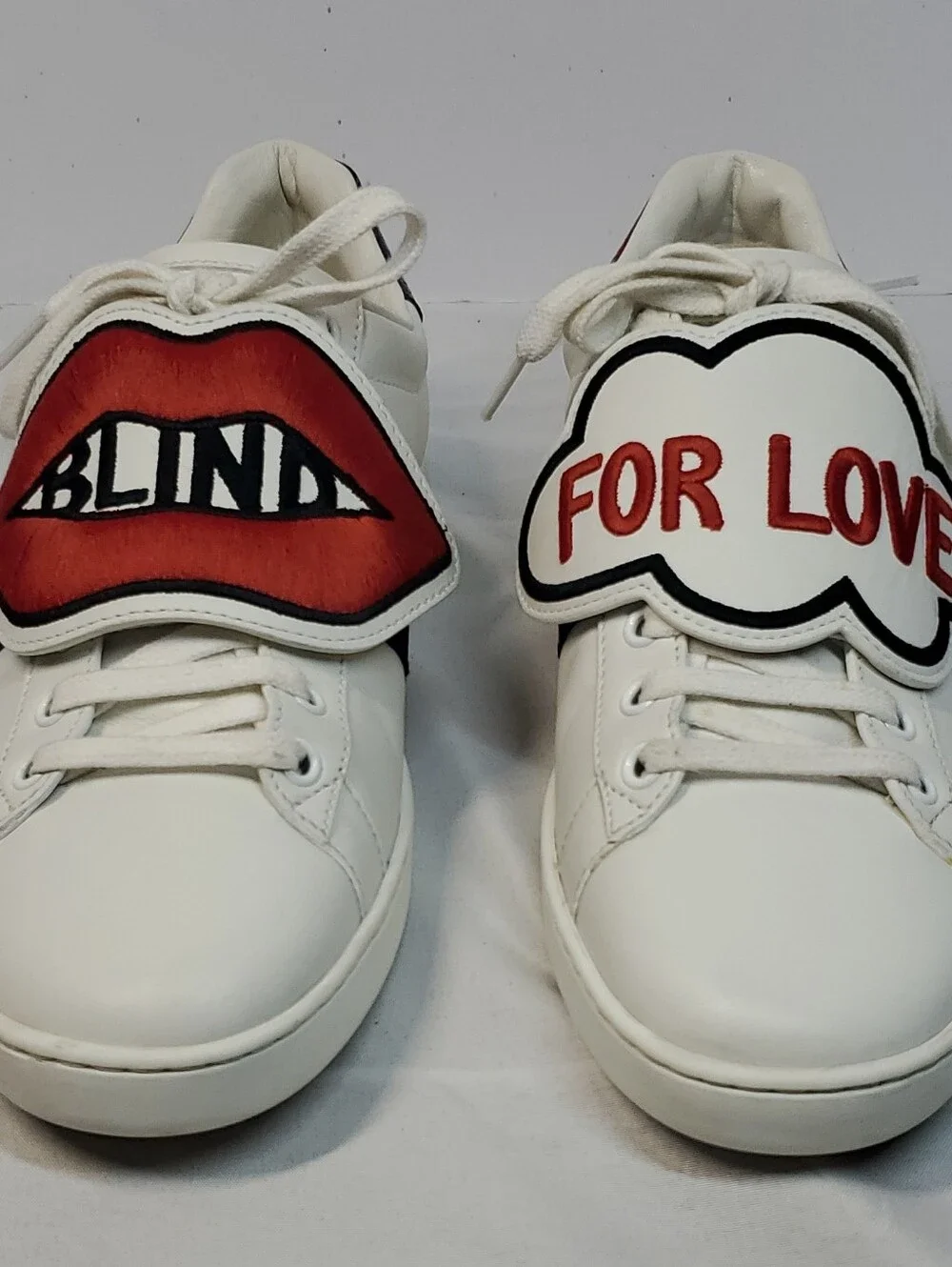 Gucci Ace Blind for Love White Leather Low Top Lace-Up Sneakers Red/Blue Mens 7